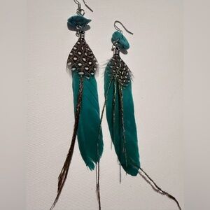 Vintage Teal and Black Feather Earrings with turquoise stones